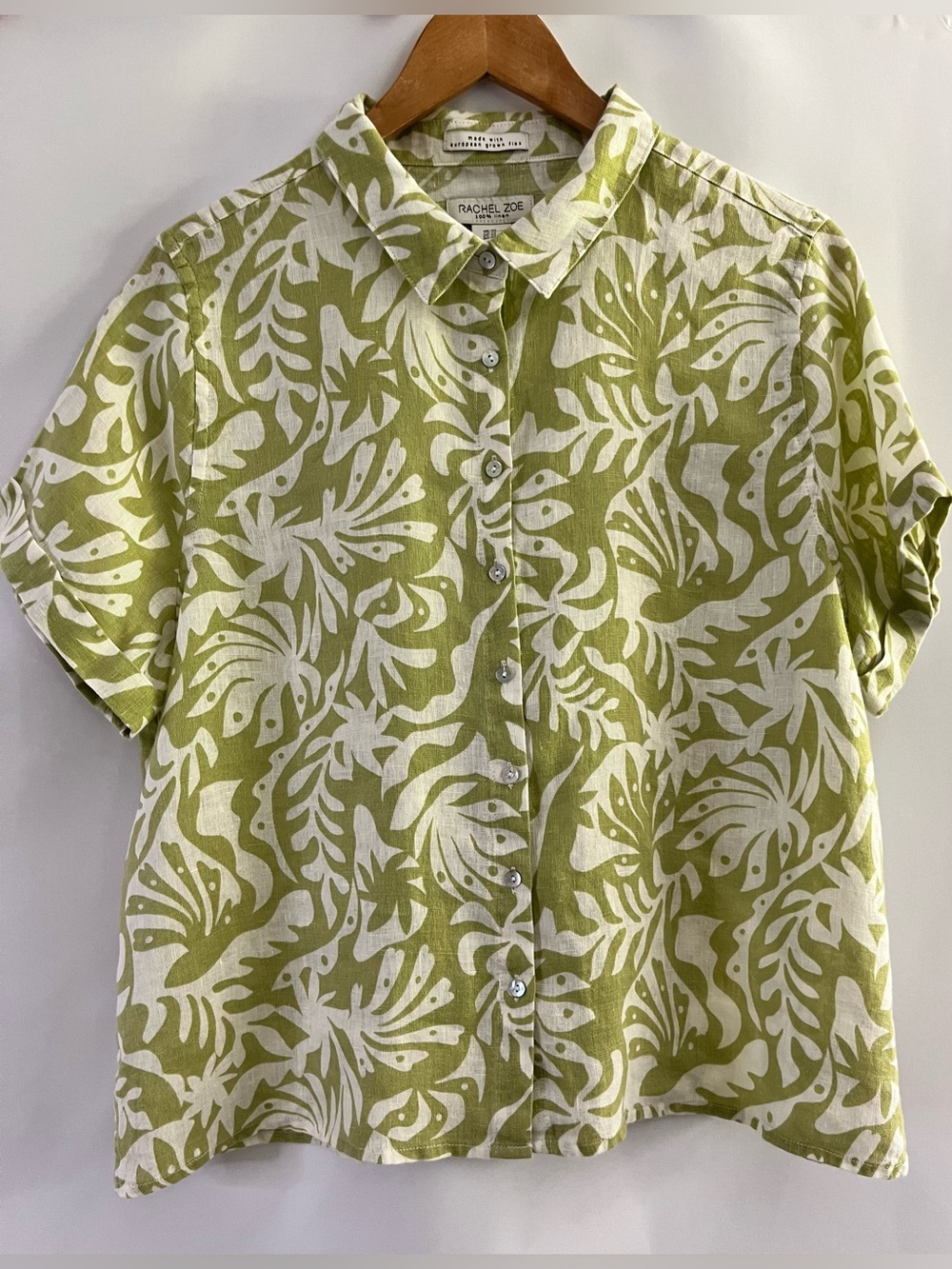Rachel Zoe Women's Matcha Green & White 100% Linen Tropical Print Shirt XL